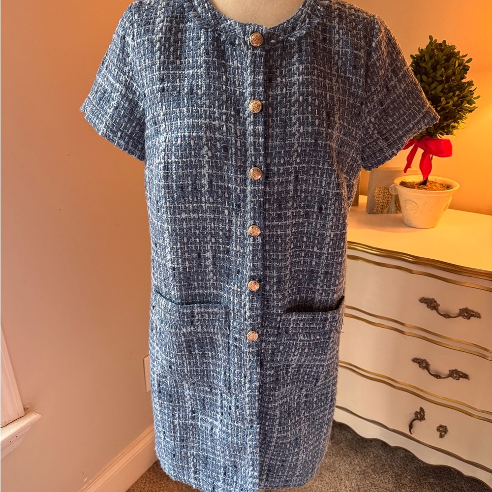 LOFT Blue Tweed Short Sleeve Dress